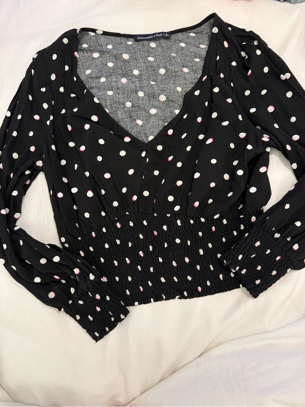 Abercrombie & Fitch Black Polka Dot V-Neck Smocked Waist Blouse